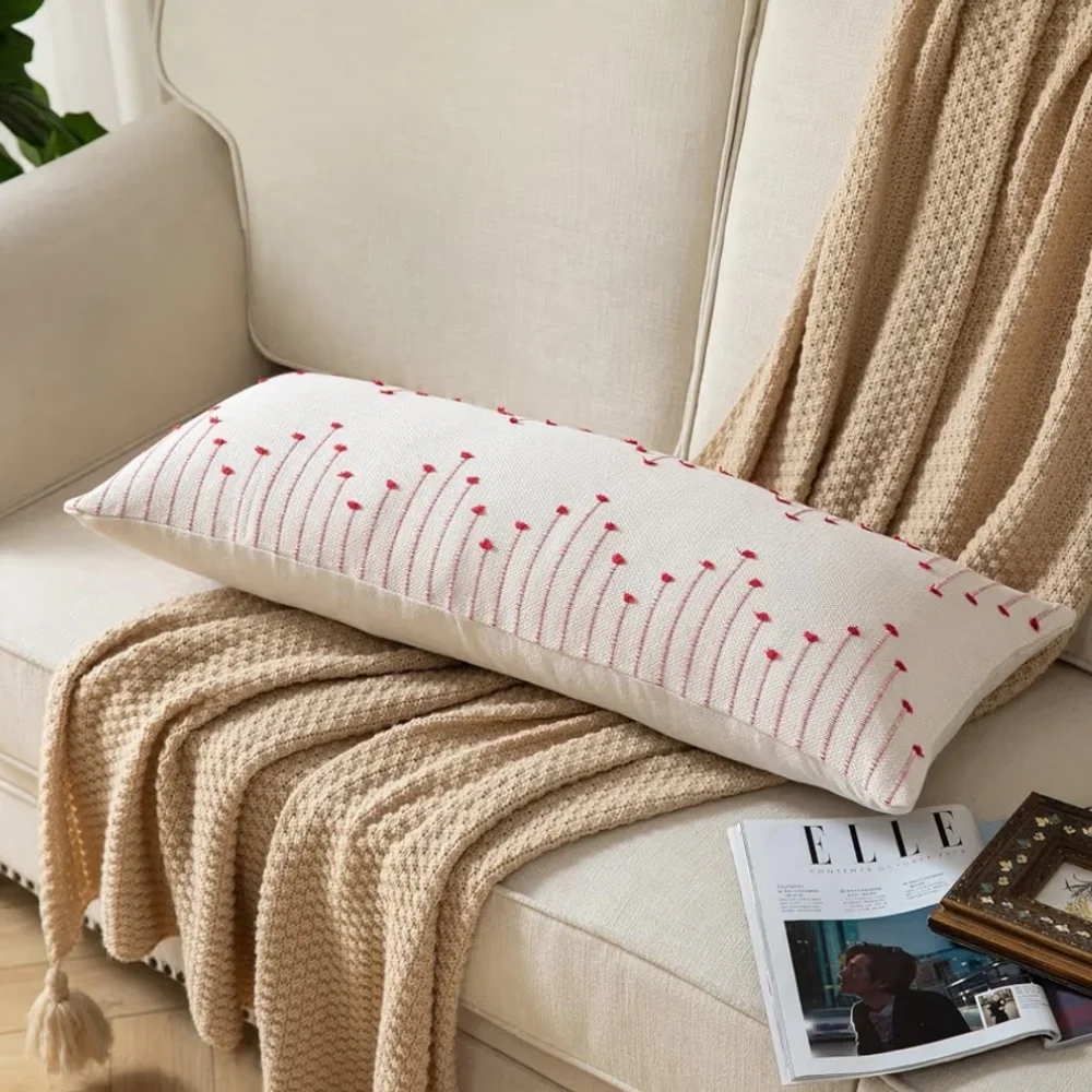 Christmas Modern Farmhouse Pillow Cover LUMBAR Rectangular Red/Beige 14x36”